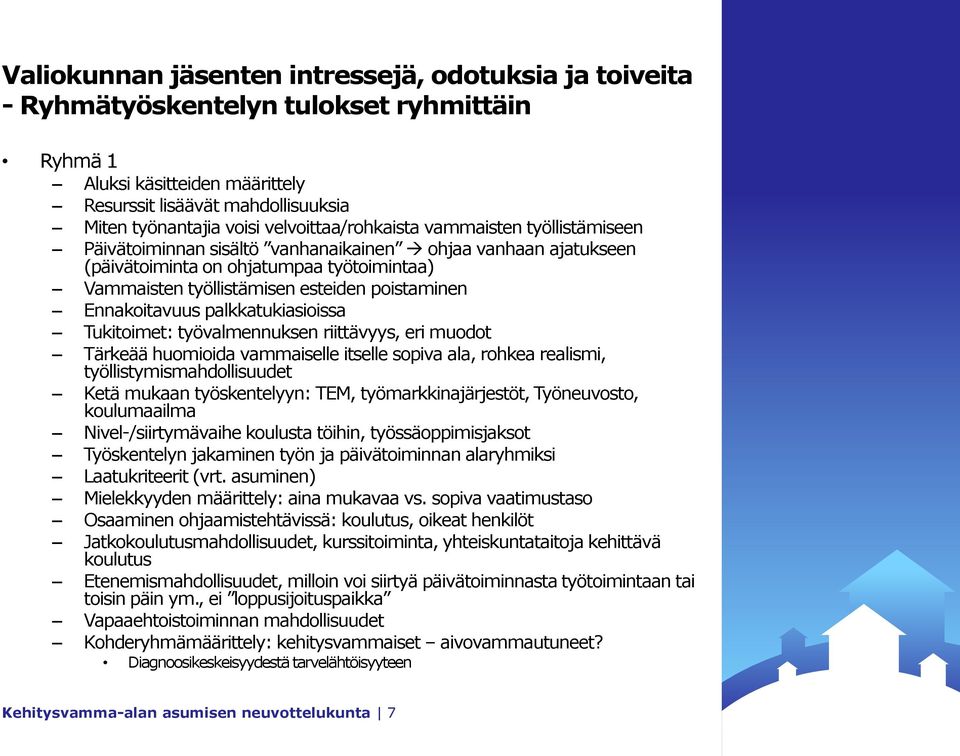 poistaminen Ennakoitavuus palkkatukiasioissa Tukitoimet: työvalmennuksen riittävyys, eri muodot Tärkeää huomioida vammaiselle itselle sopiva ala, rohkea realismi, työllistymismahdollisuudet Ketä