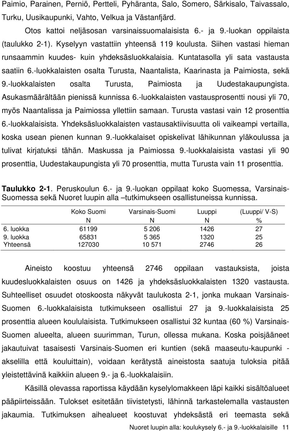 -luokkalaisten osalta Turusta, Naantalista, Kaarinasta ja Paimiosta, sekä 9.-luokkalaisten osalta Turusta, Paimiosta ja Uudestakaupungista. Asukasmäärältään pienissä kunnissa 6.