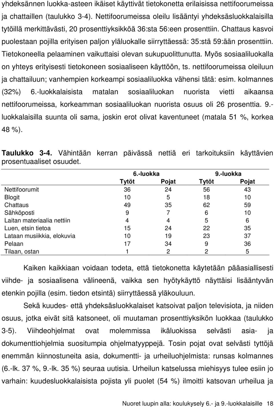 Chattaus kasvoi puolestaan pojilla erityisen paljon yläluokalle siirryttäessä: 35:stä 59:ään prosenttiin. Tietokoneella pelaaminen vaikuttaisi olevan sukupuolittunutta.