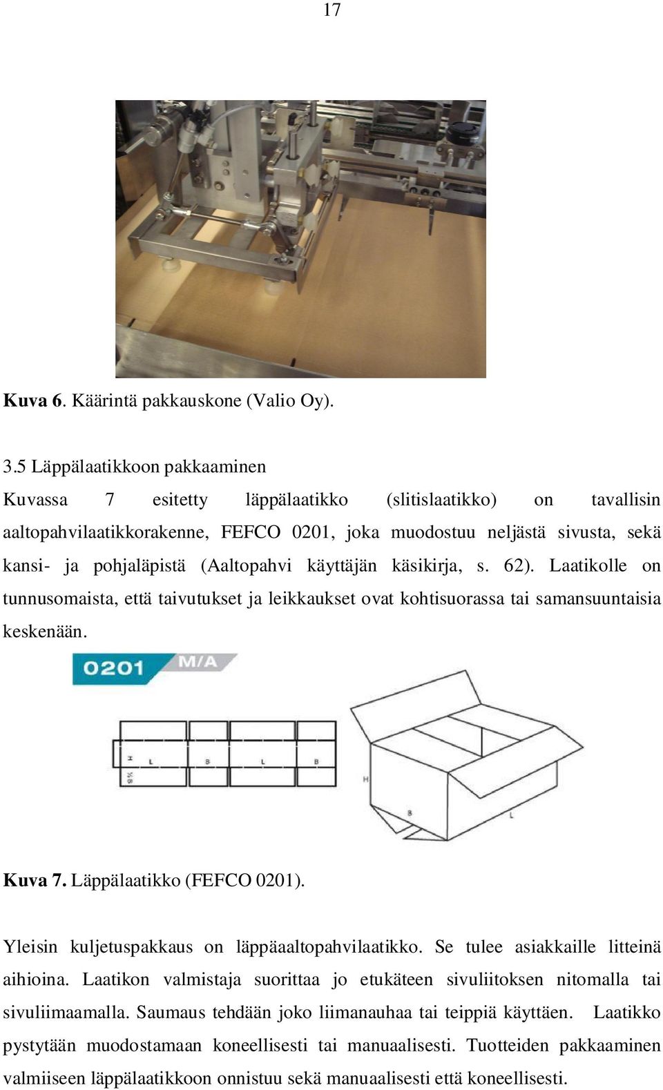 (Aaltopahvi käyttäjän käsikirja, s. 62). Laatikolle on tunnusomaista, että taivutukset ja leikkaukset ovat kohtisuorassa tai samansuuntaisia keskenään. Kuva 7. Läppälaatikko (FEFCO 0201).
