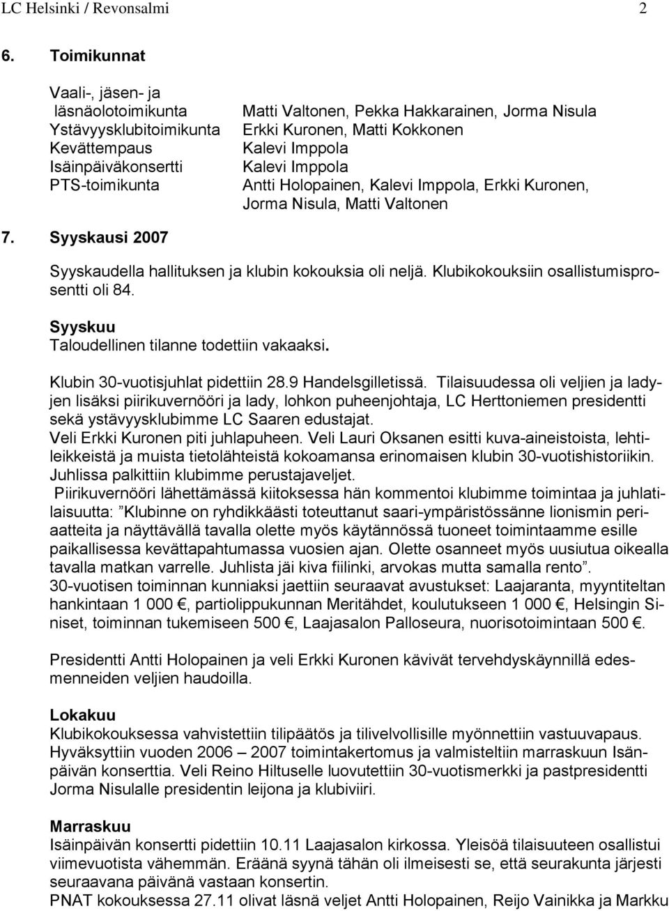 Kalevi Imppola Kalevi Imppola Antti Holopainen, Kalevi Imppola, Erkki Kuronen, Jorma Nisula, Matti Valtonen 7. Syyskausi 2007 Syyskaudella hallituksen ja klubin kokouksia oli neljä.