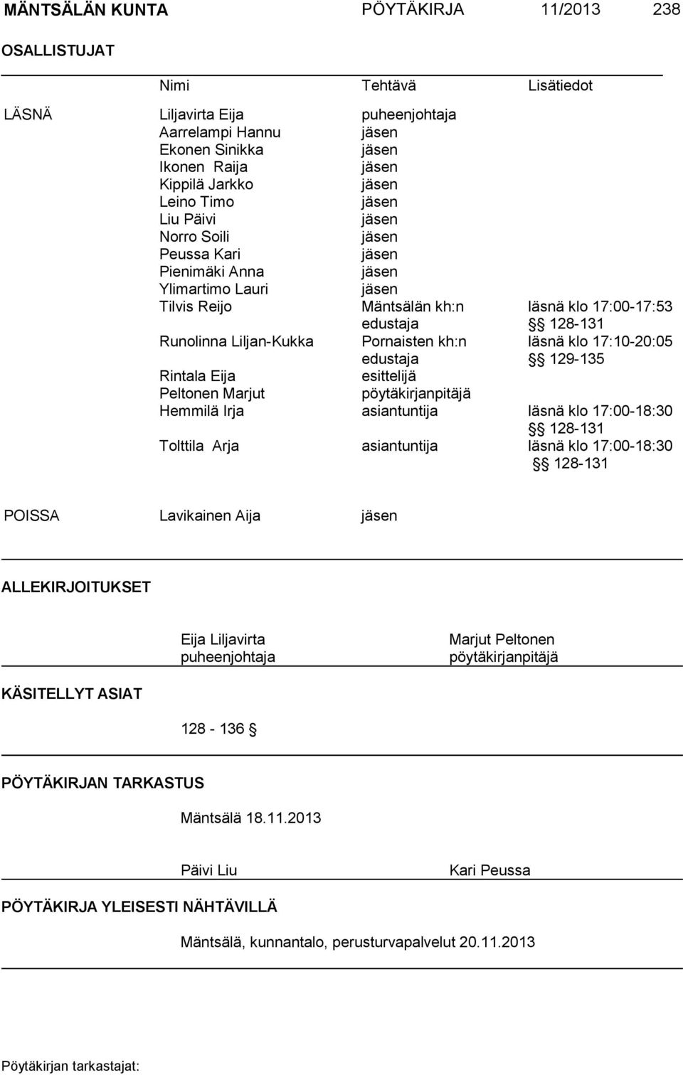 klo 17:00-17:53 128-131 läsnä klo 17:10-20:05 129-135 Hemmilä Irja asiantuntija läsnä klo 17:00-18:30 128-131 Tolttila Arja asiantuntija läsnä klo 17:00-18:30 128-131 POISSA Lavikainen Aija