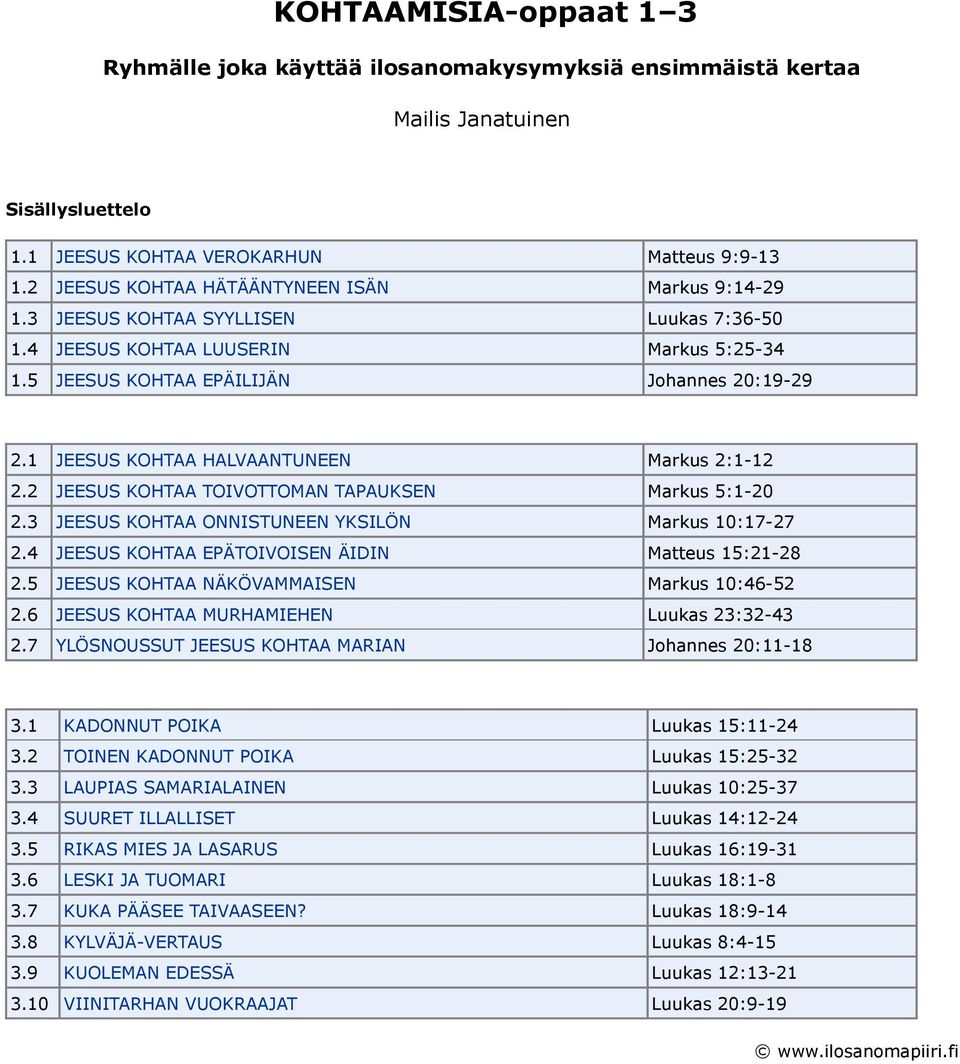 1 JEESUS KOHTAA HALVAANTUNEEN Markus 2:1-12 2.2 JEESUS KOHTAA TOIVOTTOMAN TAPAUKSEN Markus 5:1-20 2.3 JEESUS KOHTAA ONNISTUNEEN YKSILÖN Markus 10:17-27 2.
