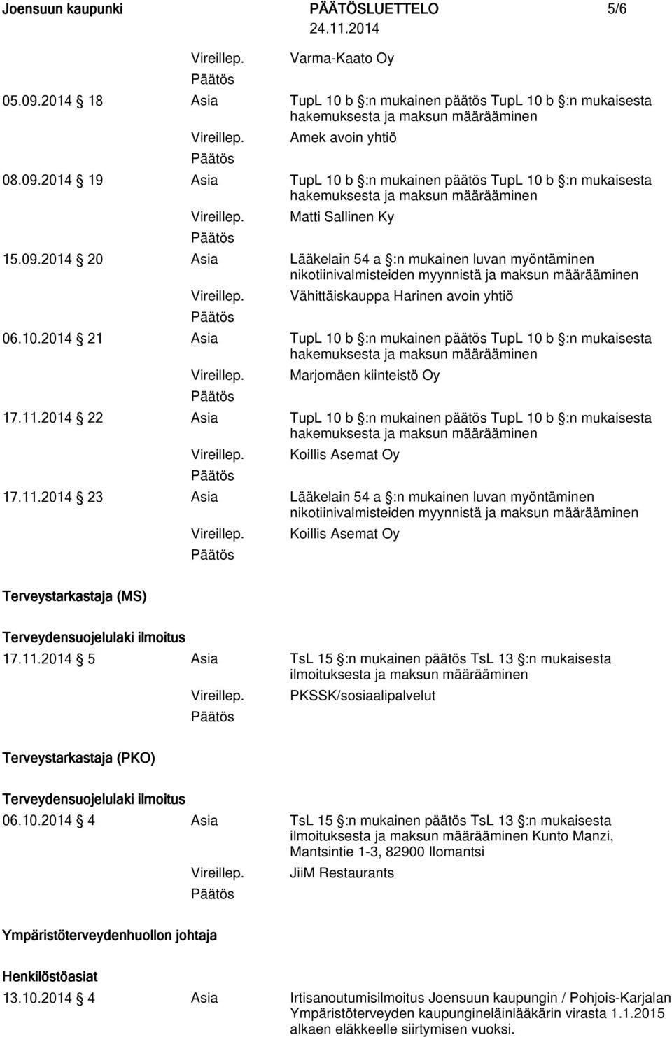 2014 22 Asia TupL 10 b :n mukainen päätös TupL 10 b :n mukaisesta Koillis Asemat Oy 17.11.2014 23 Asia Lääkelain 54 a :n mukainen luvan myöntäminen Koillis Asemat Oy Terveystarkastaja (MS) 17.11.2014 5 Asia TsL 15 :n mukainen päätös TsL 13 :n mukaisesta PKSSK/sosiaalipalvelut Terveystarkastaja (PKO) 06.