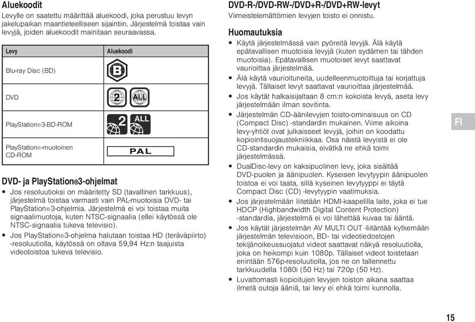 toistaa varmasti vain PAL-muotoisia DVD- tai PlayStation 3-ohjelmia. Järjestelmä ei voi toistaa muita signaalimuotoja, kuten NTSC-signaalia (ellei käytössä ole NTSC-signaalia tukeva televisio).