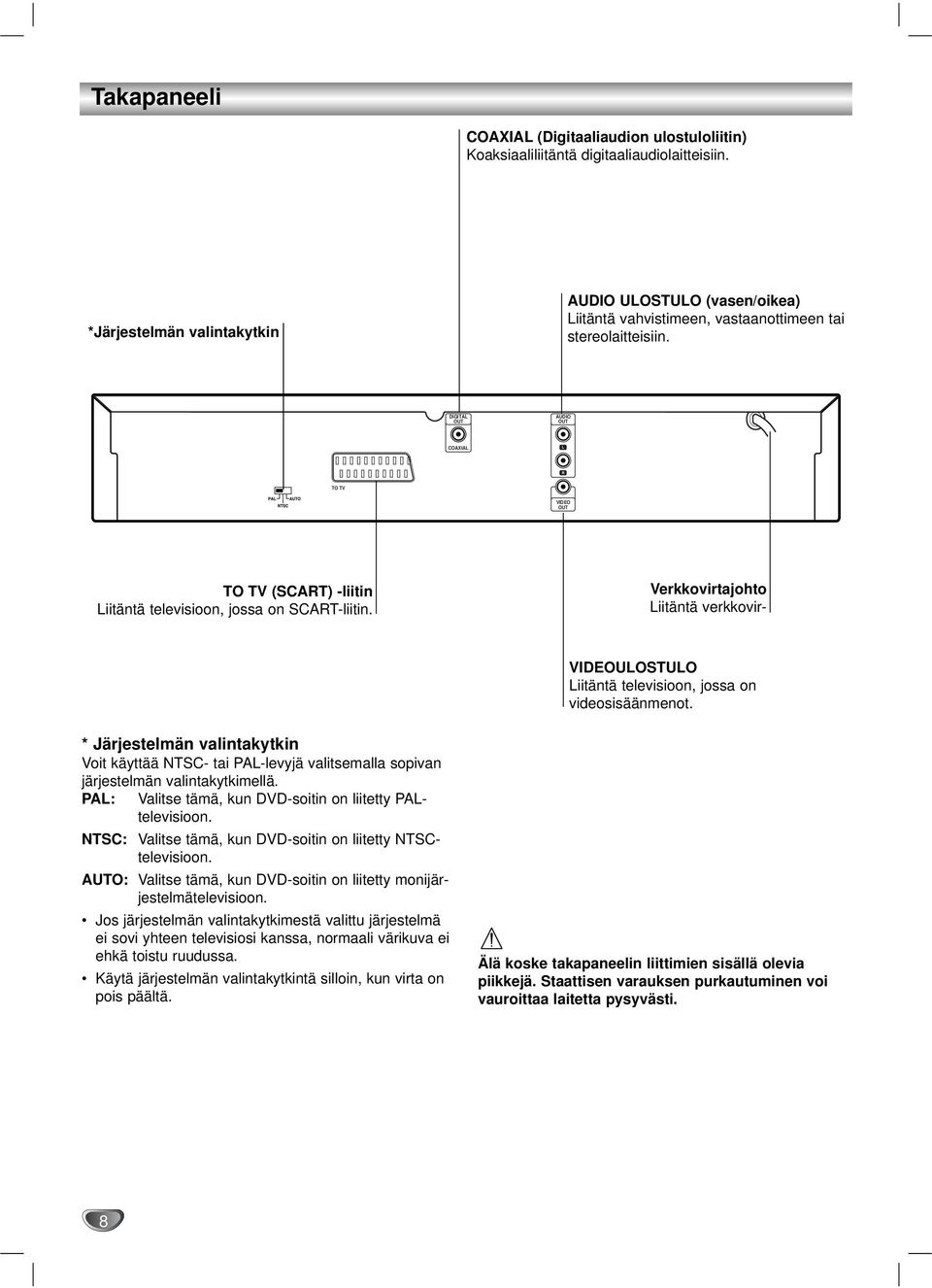 DIGITAL OUT AUDIO OUT COAXIAL L R TO TV VIDEO OUT TO TV (SCART) -liitin Liitäntä televisioon, jossa on SCART-liitin.