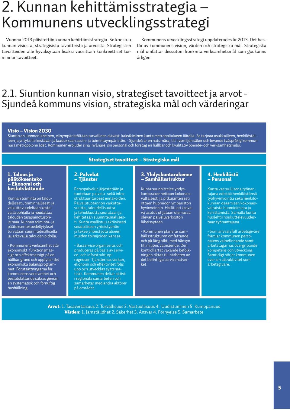 Det består av kommunens vision, värden och strategiska mål. Strategiska mål omfattar dessutom konkreta verksamhetsmål som godkänns årligen. 2.1.