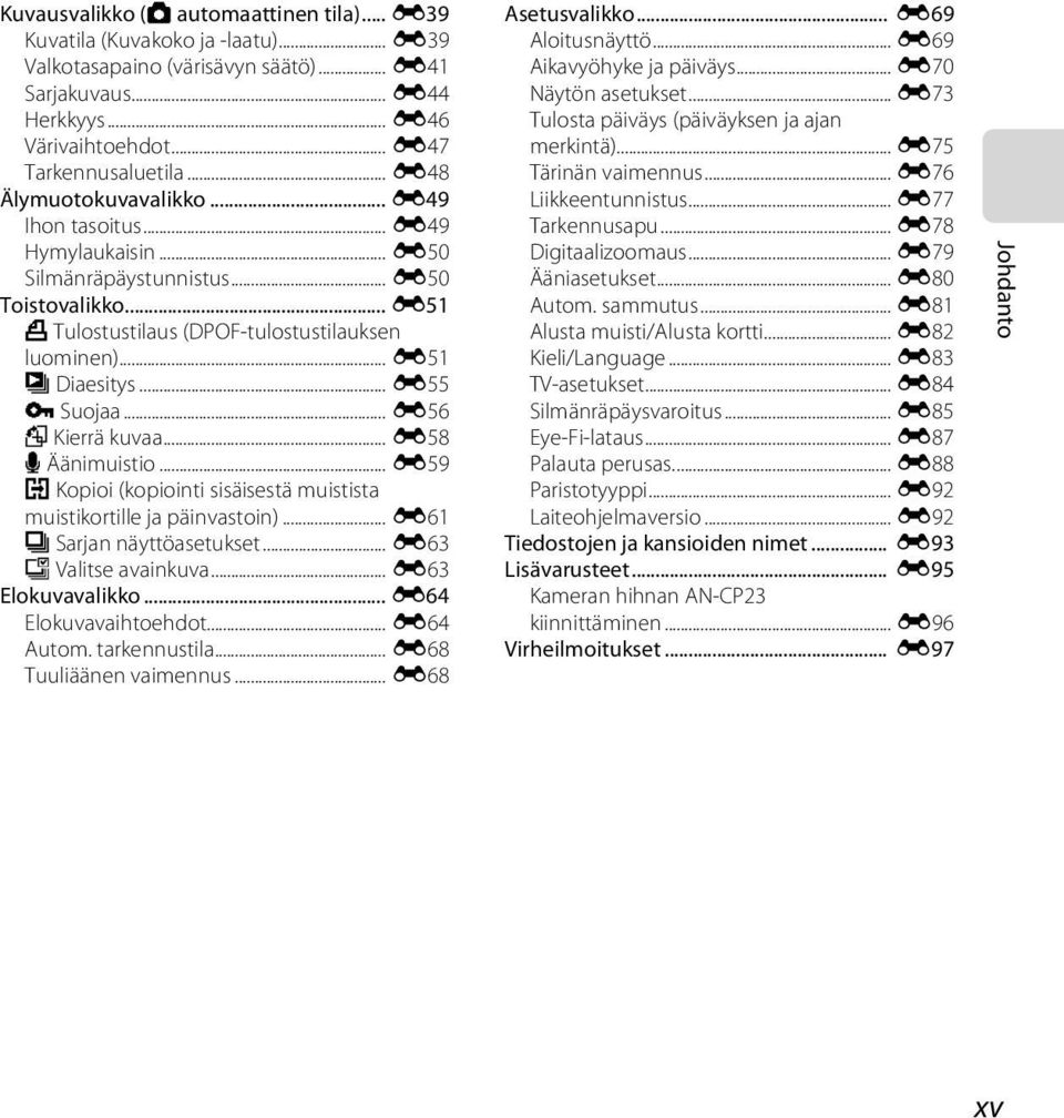 .. E55 d Suojaa... E56 f Kierrä kuvaa... E58 E Äänimuistio... E59 h Kopioi (kopiointi sisäisestä muistista muistikortille ja päinvastoin)... E61 C Sarjan näyttöasetukset... E63 N Valitse avainkuva.