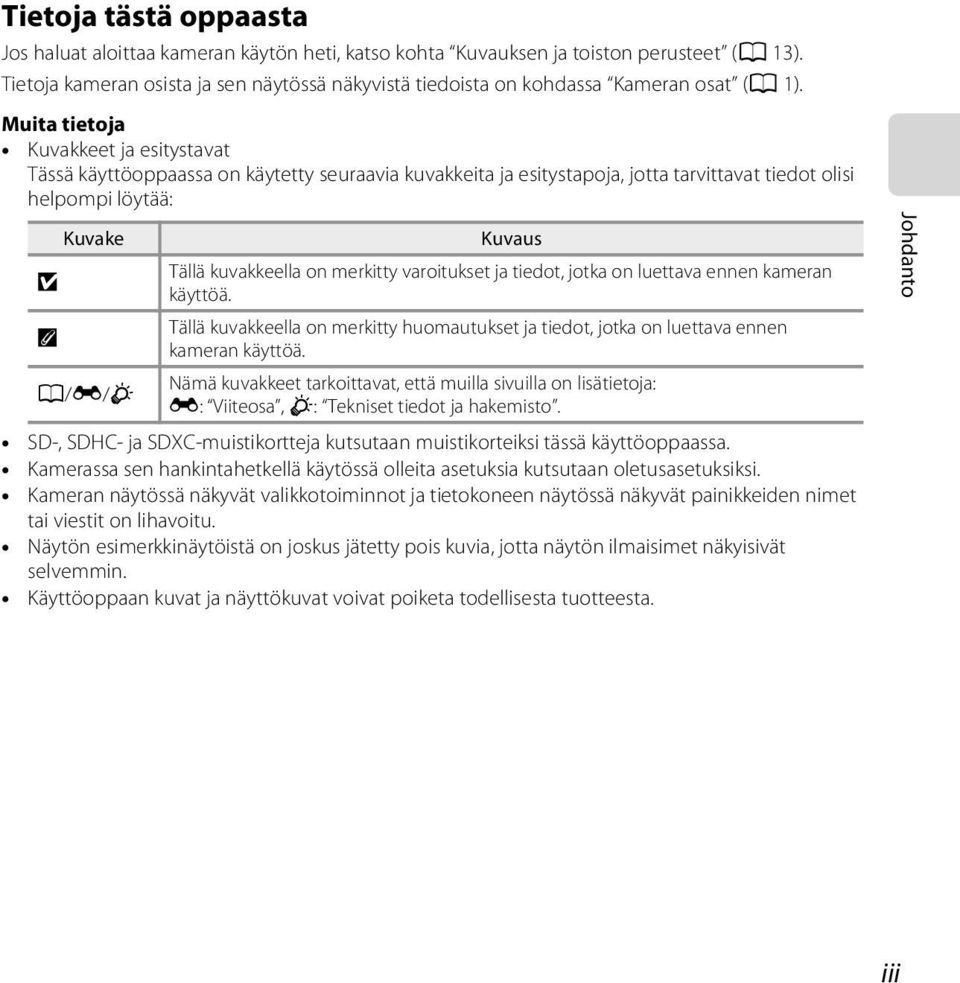 Muita tietoja Kuvakkeet ja esitystavat Tässä käyttöoppaassa on käytetty seuraavia kuvakkeita ja esitystapoja, jotta tarvittavat tiedot olisi helpompi löytää: B C Kuvake A/E/F Kuvaus Tällä kuvakkeella