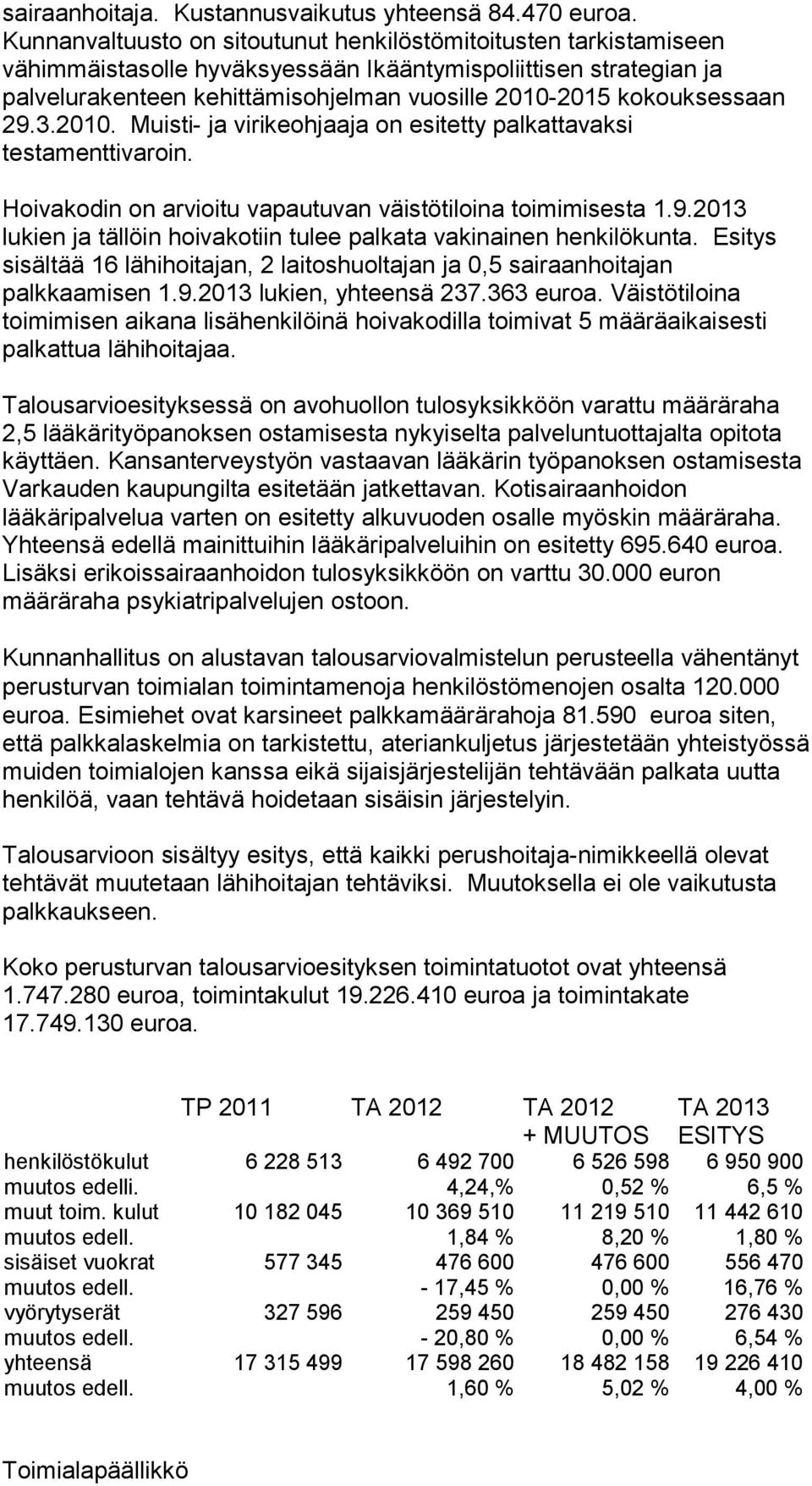 kokouksessaan 29.3.2010. Muisti- ja virikeohjaaja on esitetty palkattavaksi testamenttivaroin. Hoivakodin on arvioitu vapautuvan väistötiloina toimimisesta 1.9.2013 lukien ja tällöin hoivakotiin tulee palkata vakinainen henkilökunta.