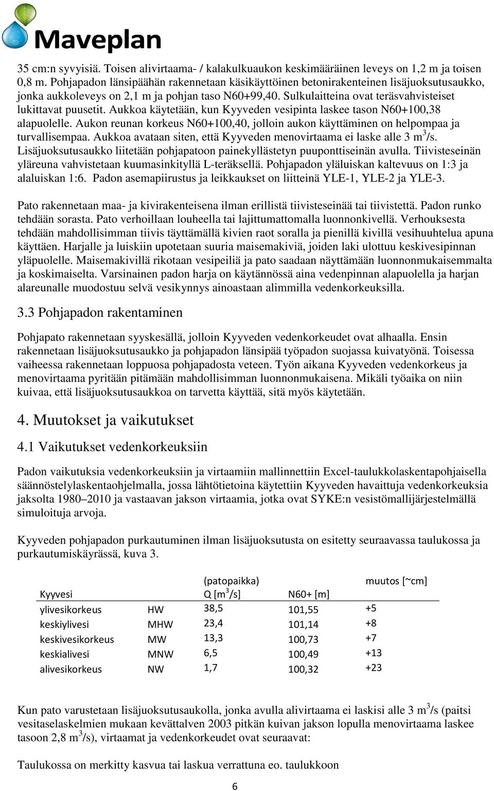 Aukkoa käytetään, kun Kyyveden vesipinta laskee tason N60+100,38 alapuolelle. Aukon reunan korkeus N60+100,40, jolloin aukon käyttäminen on helpompaa ja turvallisempaa.