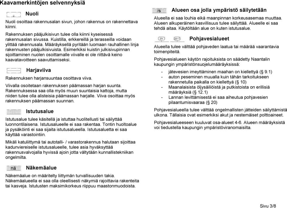 Esimerkiksi kuistin julkisivupinnan sijoittaminen nuolen osoittamalle viivalle ei ole riittävä keino kaavatavoitteen saavuttamiseksi. Harjaviiva Rakennuksen harjansuuntaa osoittava viiva.