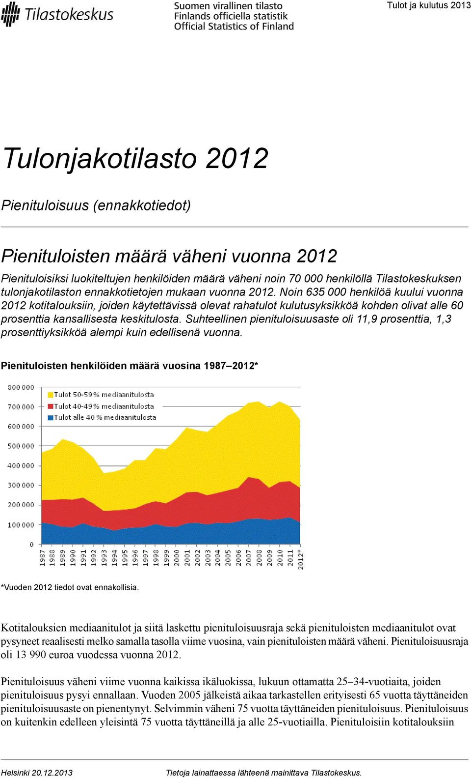 Noin 635 000 henkilöä kuului vuonna 2012 kotitalouksiin, joiden käytettävissä olevat rahatulot kulutusyksikköä kohden olivat alle 60 prosenttia kansallisesta keskitulosta.