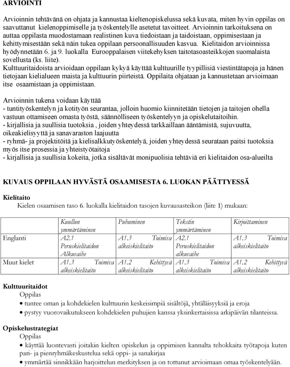 Kielitaidon arvioinnissa hyödynnetään 6. ja 9. luokalla Eurooppalaisen viitekehyksen taitotasoasteikkojen suomalaista sovellusta (ks. liite).