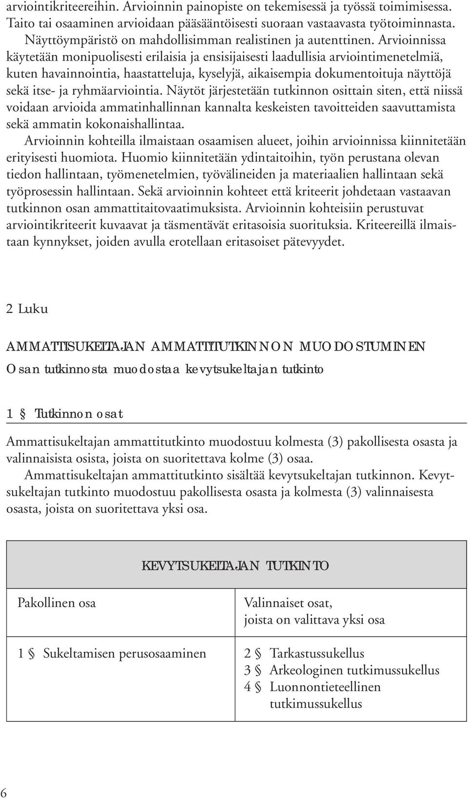 Arvioinnissa käytetään monipuolisesti erilaisia ja ensisijaisesti laadullisia arviointimenetelmiä, kuten havainnointia, haastatteluja, kyselyjä, aikaisempia dokumentoituja näyttöjä sekä itse- ja