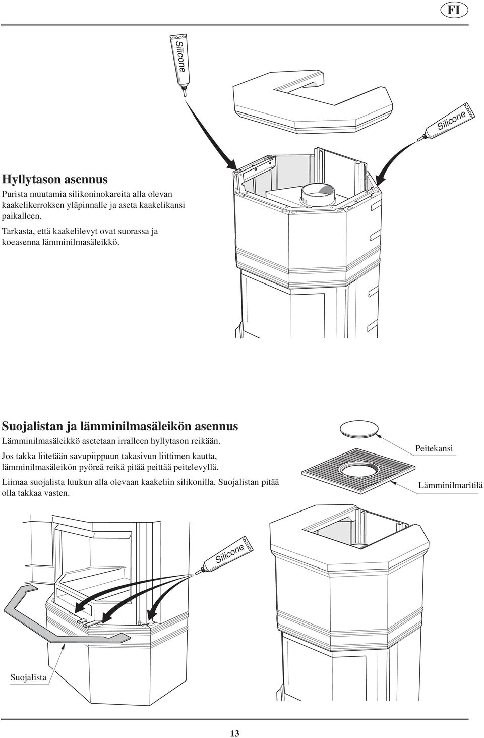 Suojalistan ja lämminilmasäleikön asennus Lämminilmasäleikkö asetetaan irralleen hyllytason reikään.