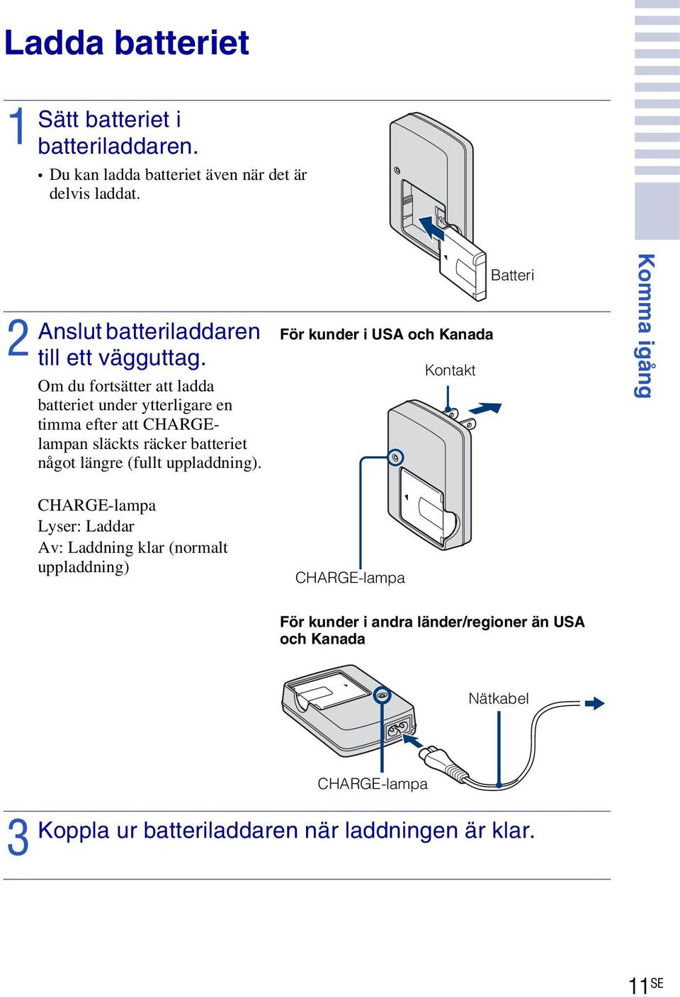 Om du fortsätter att ladda batteriet under ytterligare en timma efter att CHARGElampan släckts räcker batteriet något längre (fullt