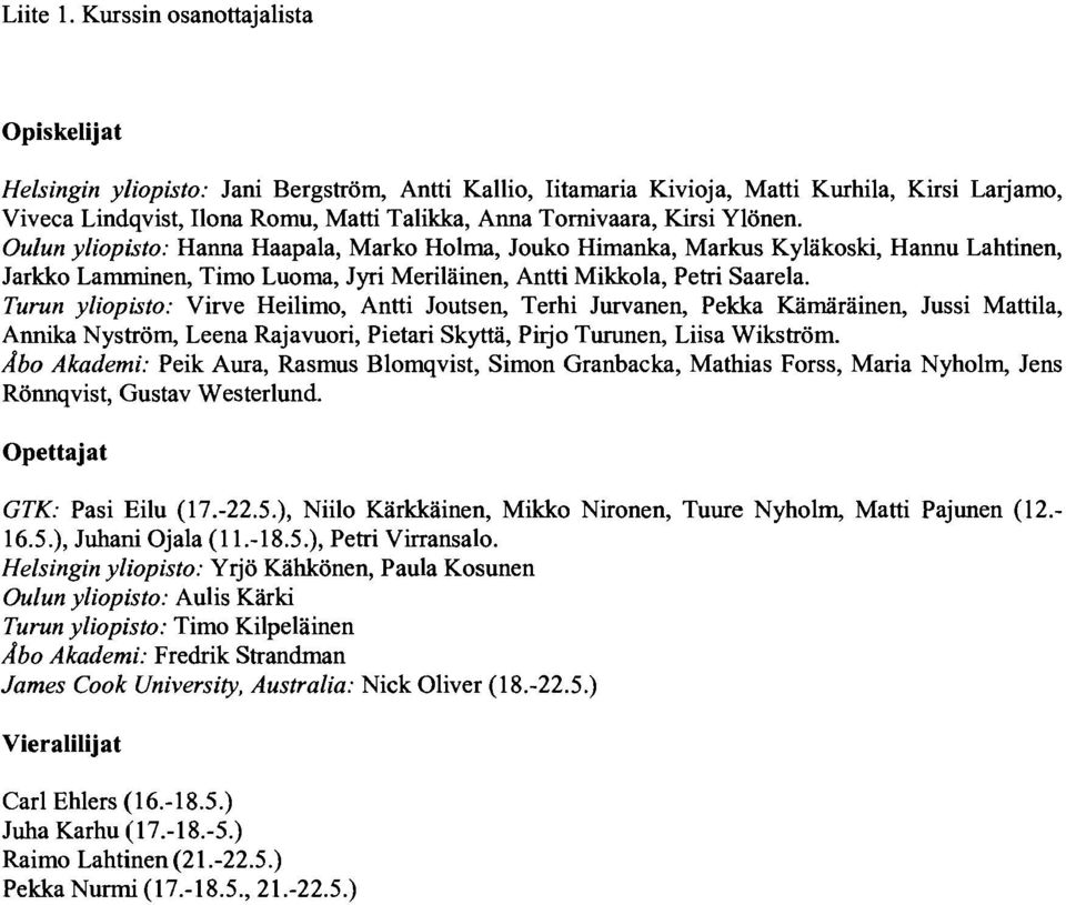 Kirsi Ylönen. Oulun yliopisto: Hanna Haapala, Marko Holma, Jouko Himanka, Markus Kyläkoski, Hannu Lahtinen, Jarkko Lamminen, Timo Luoma, Jyri Meriläinen, Antti Mikkola, Petri Saarela.