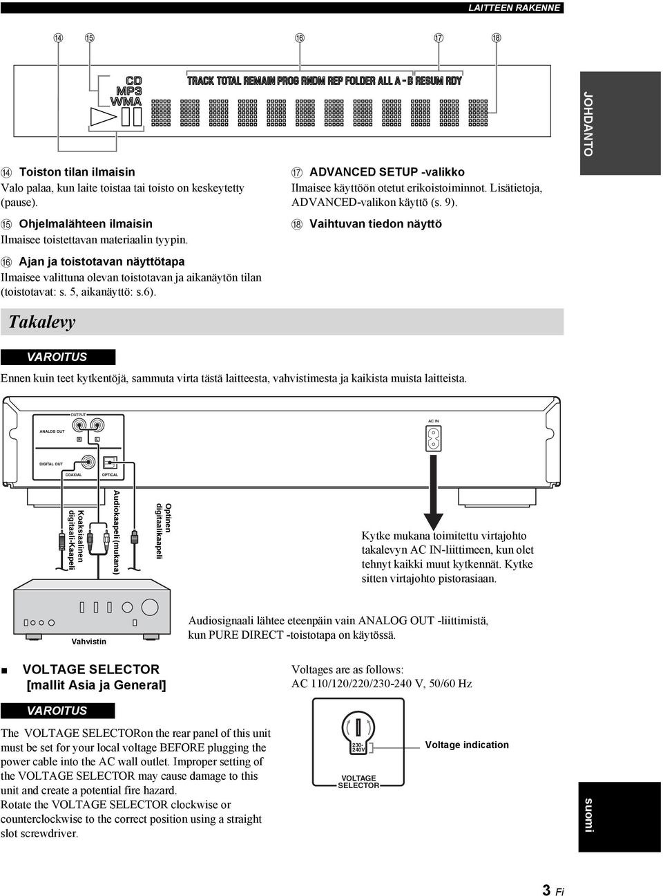 Lisätietoja, ADVANCED-valikon käyttö (s. 9). H Vaihtuvan tiedon näyttö Takalevy VAROITUS Ennen kuin teet kytkentöjä, sammuta virta tästä laitteesta, vahvistimesta ja kaikista muista laitteista.