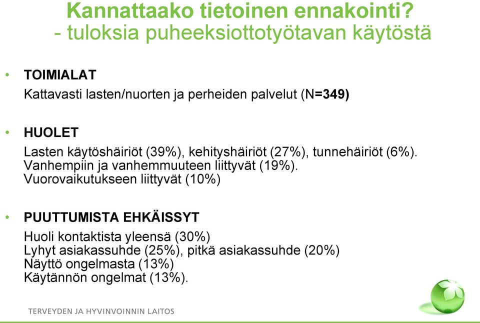 HUOLET Lasten käytöshäiriöt (39%), kehityshäiriöt (27%), tunnehäiriöt (6%).