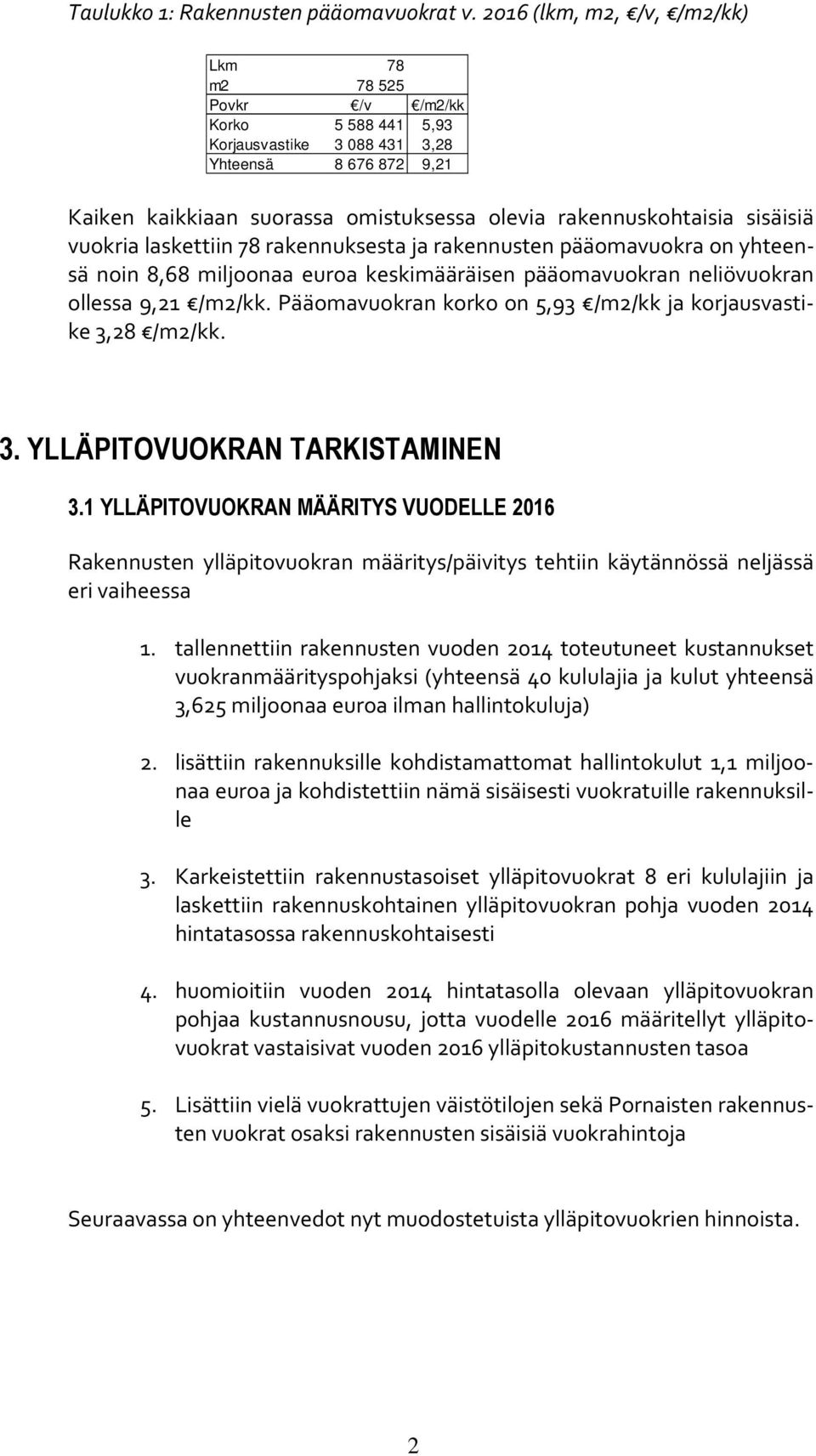 sisäisiä vuokria laskettiin 78 rakennuksesta ja rakennusten pääomavuokra on yhteensä noin 8,68 miljoonaa euroa keskimääräisen pääomavuokran neliövuokran ollessa 9,21 /m2/kk.