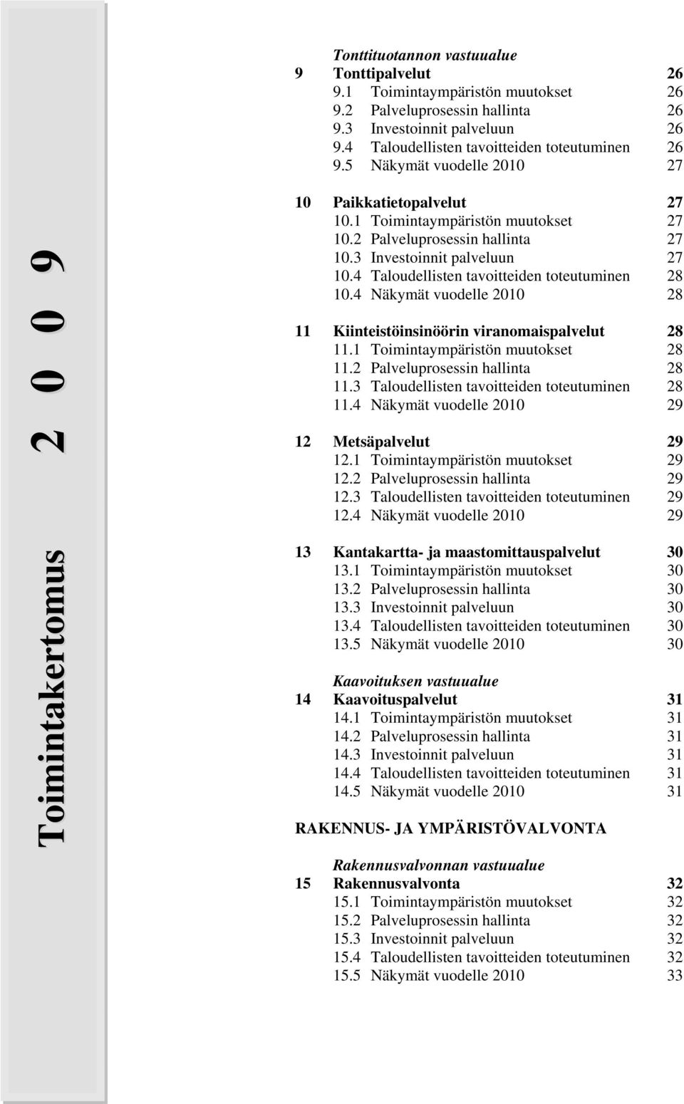 4 Taloudellisten tavoitteiden toteutuminen 28 10.4 Näkymät vuodelle 2010 28 11 Kiinteistöinsinöörin viranomaispalvelut 28 11.1 Toimintaympäristön muutokset 28 11.2 Palveluprosessin hallinta 28 11.