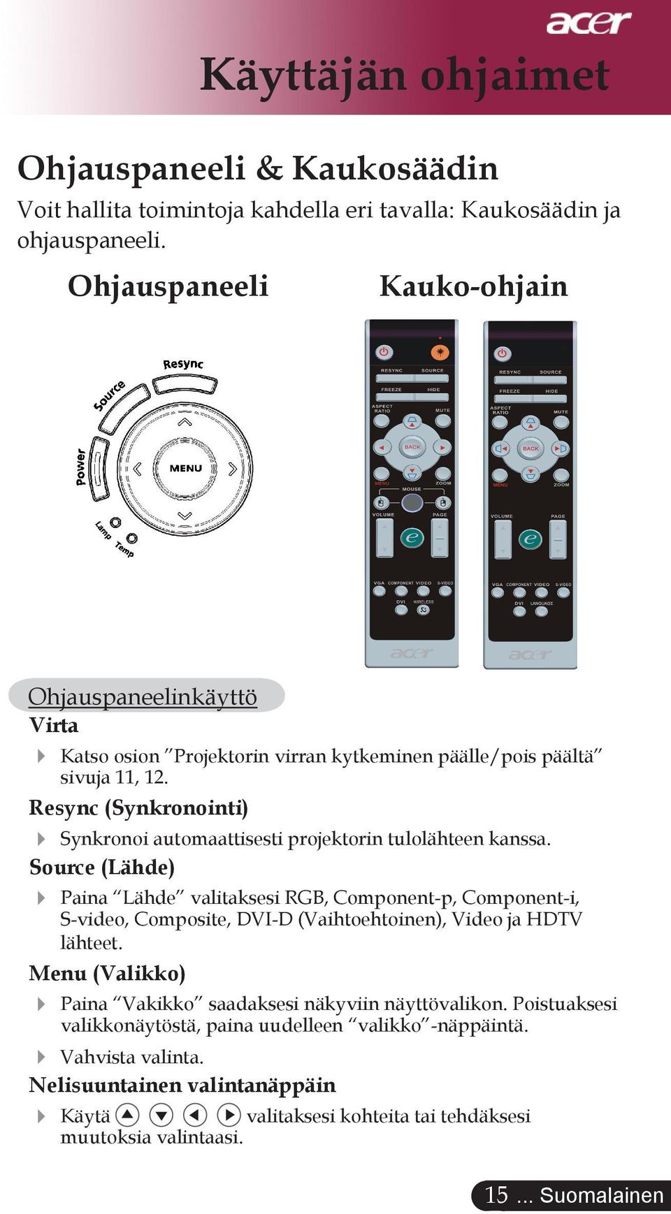 Resync (Synkronointi) Synkronoi automaattisesti projektorin tulolähteen kanssa.