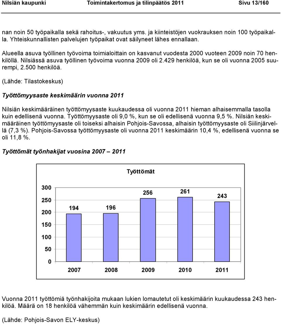 Nilsiässä asuva työllinen työvoima vuonna 2009 oli 2.429 henkilöä, kun se oli vuonna 2005 suurempi, 2.500 henkilöä.