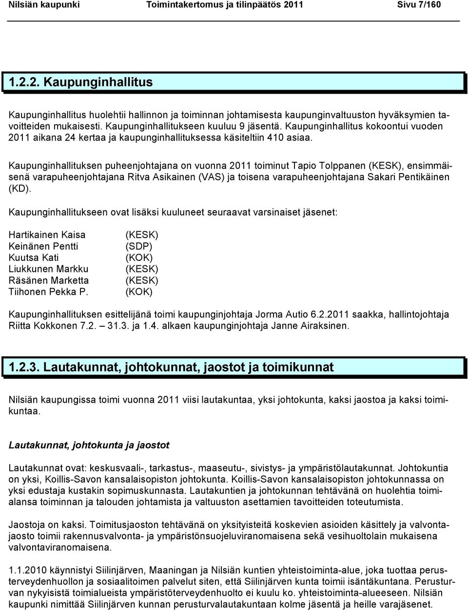 Kaupunginhallituksen puheenjohtajana on vuonna 2011 toiminut Tapio Tolppanen (KESK), ensimmäisenä varapuheenjohtajana Ritva Asikainen (VAS) ja toisena varapuheenjohtajana Sakari Pentikäinen (KD).