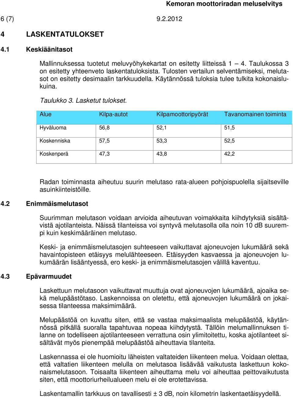 Taulukko 3. Lasketut tulokset.