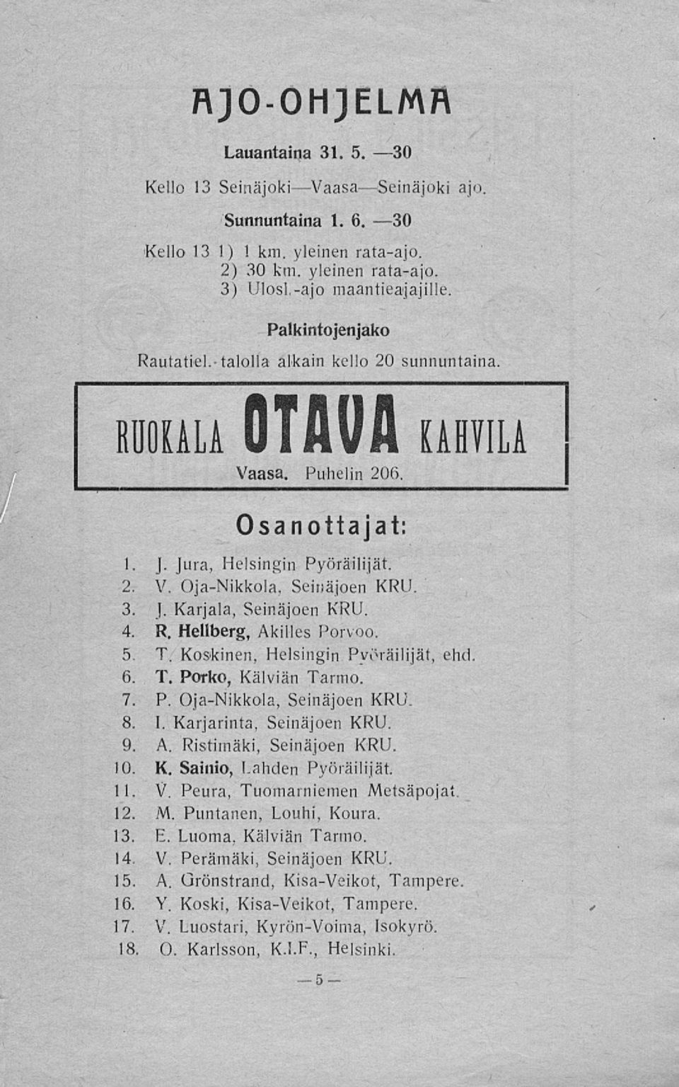 R. Hellberg, Akilles Porvoo. 5. T. Koskinen, Helsingin Pyöräilijät, ehd. 6. T. Porko, Kälviän Tarmo. 7. P. Oja-Nikkola, Seinäjoen KRV. 8. I. Karjarinta, Seinäjoen KRU. 9. A. Ristimäki, Seinäjoen KRU.