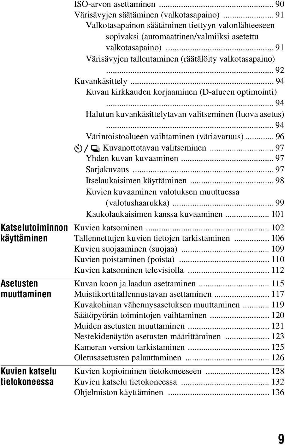 .. 94 Kuvan kirkkauden korjaaminen (D-alueen optimointi)... 94 Halutun kuvankäsittelytavan valitseminen (luova asetus)... 94 Värintoistoalueen vaihtaminen (väriavaruus).