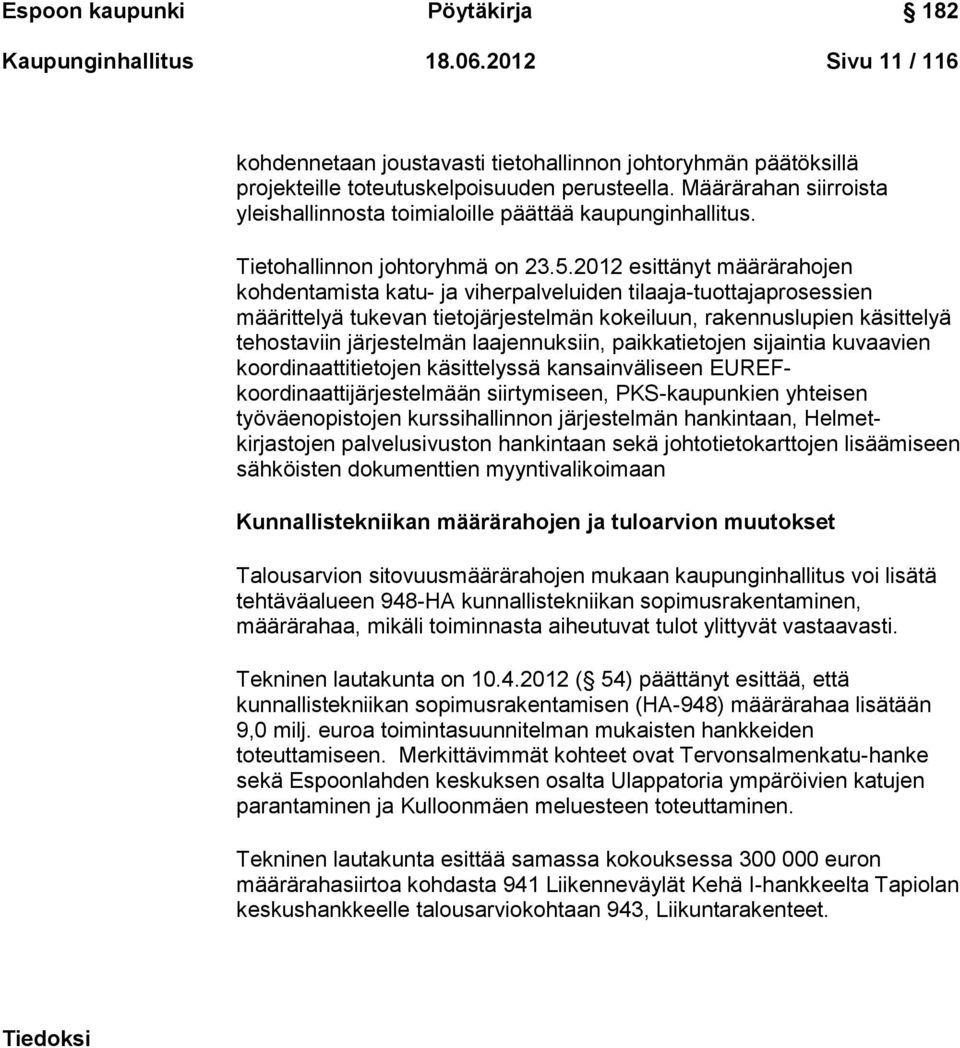 2012 esittänyt määrärahojen kohdentamista katu- ja viherpalveluiden tilaaja-tuottajaprosessien määrittelyä tukevan tietojärjestelmän kokeiluun, rakennuslupien käsittelyä tehostaviin järjestelmän