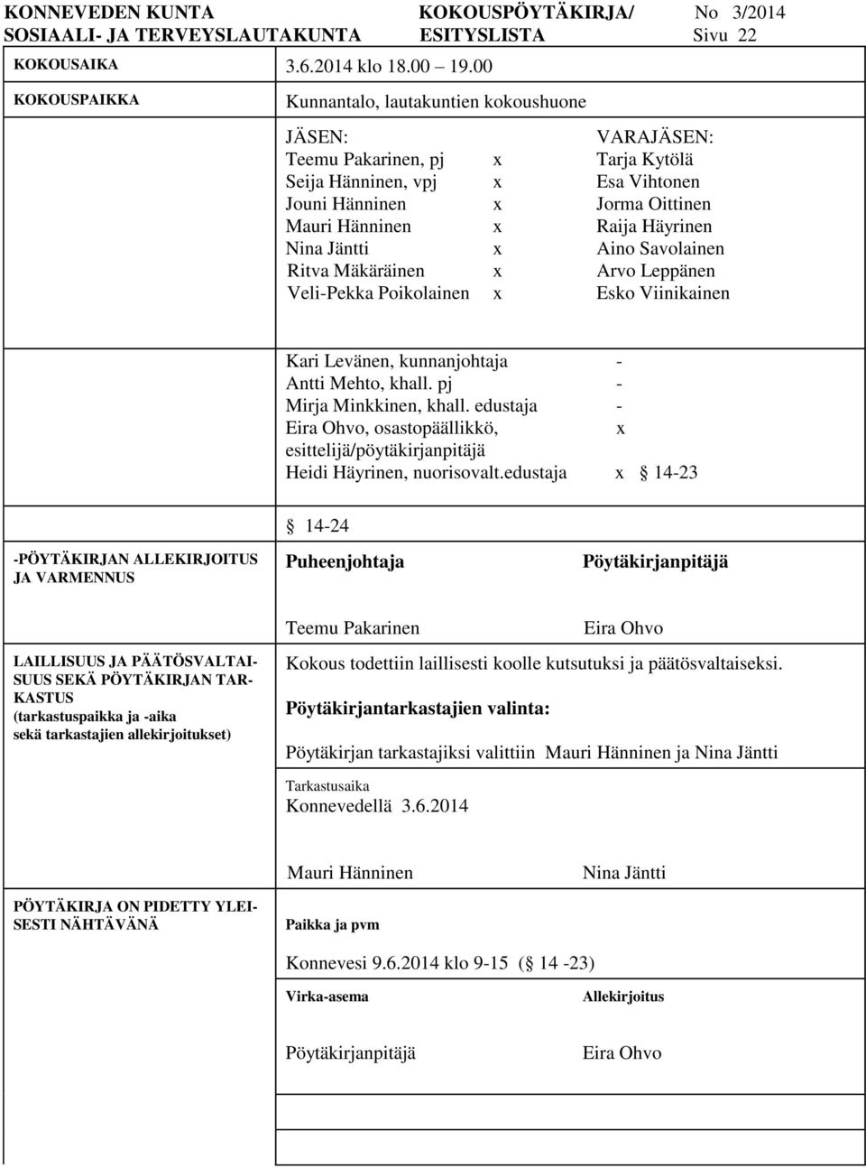 Häyrinen Nina Jäntti x Aino Savolainen Ritva Mäkäräinen x Arvo Leppänen Veli-Pekka Poikolainen x Esko Viinikainen Kari Levänen, kunnanjohtaja - Antti Mehto, khall. pj - Mirja Minkkinen, khall.