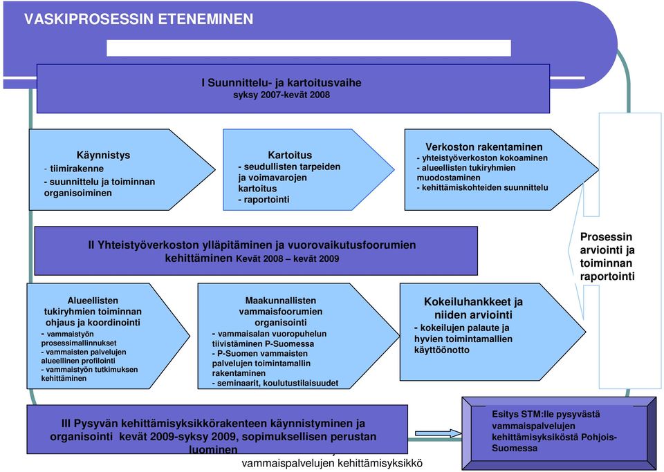 vuorovaikutusfoorumien kehittäminen Kevät 2008 kevät 2009 Prosessin arviointi ja toiminnan raportointi Alueellisten tukiryhmien toiminnan ohjaus ja koordinointi - vammaistyön prosessimallinnukset -