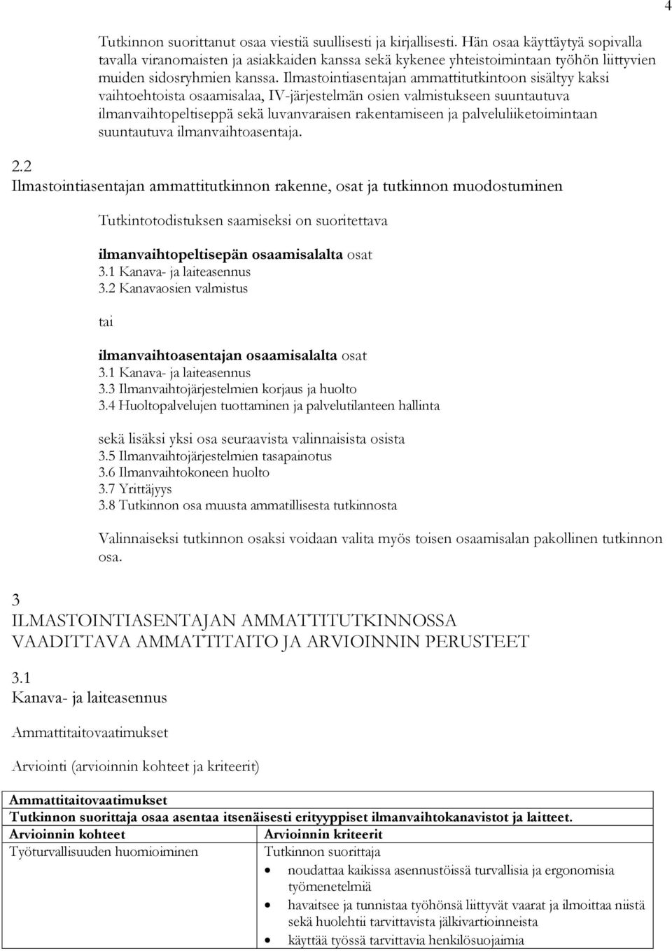 Ilmastointiasentajan ammattitutkintoon sisältyy kaksi vaihtoehtoista osaamisalaa, IV-järjestelmän osien valmistukseen suuntautuva ilmanvaihtopeltiseppä sekä luvanvaraisen rakentamiseen ja