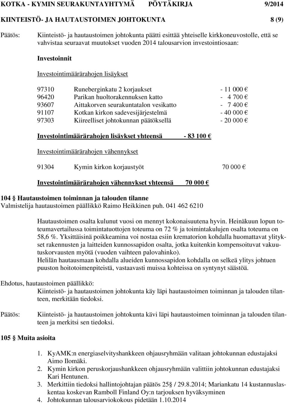 7 400 91107 Kotkan kirkon sadevesijärjestelmä - 40 000 97303 Kiireelliset johtokunnan päätöksellä - 20 000 Investointimäärärahojen lisäykset yhteensä - 83 100 Investointimäärärahojen vähennykset