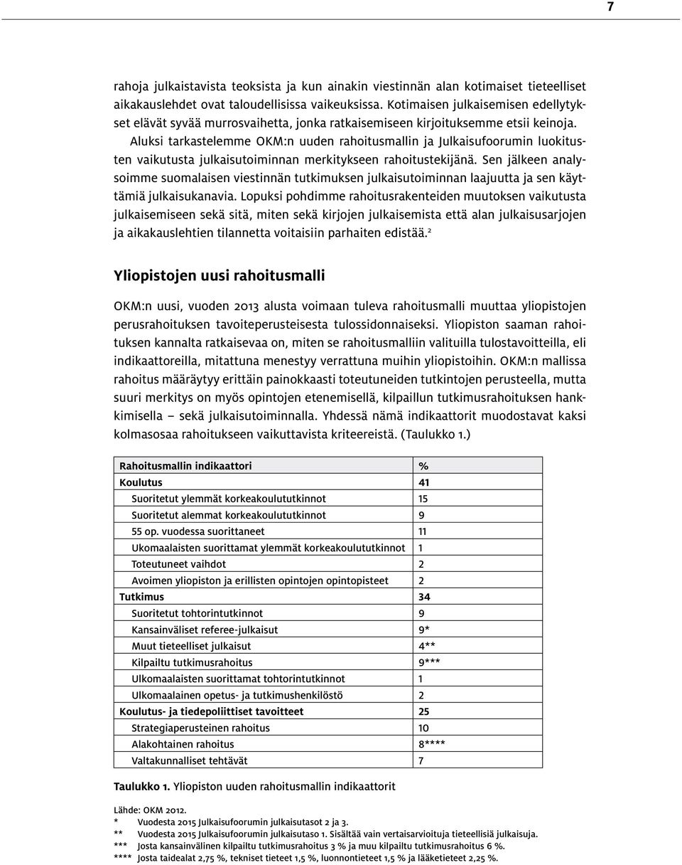 Aluksi tarkastelemme OKM:n uuden rahoitusmallin ja Julkaisufoorumin luokitusten vaikutusta julkaisutoiminnan merkitykseen rahoitustekijänä.