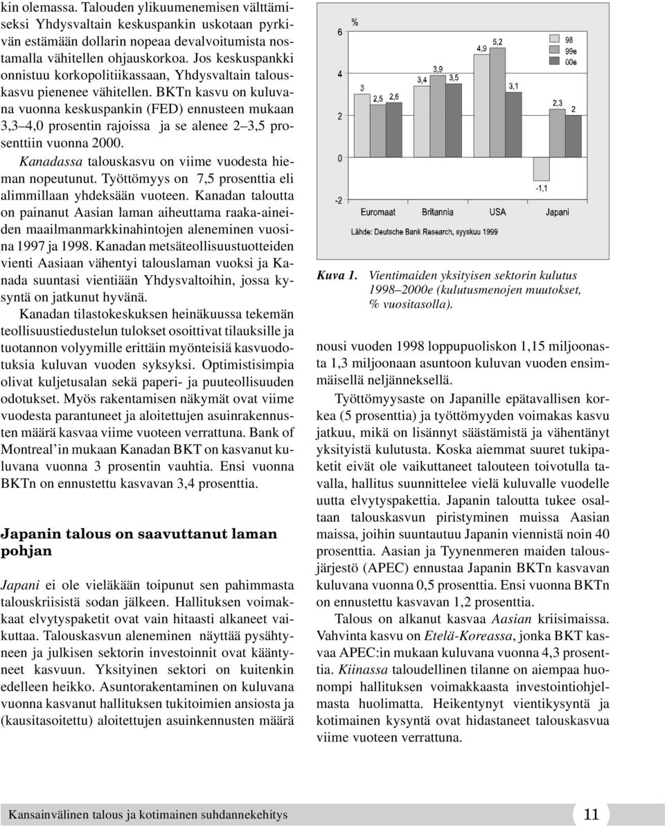 BKTn kasvu on kuluvana vuonna keskuspankin (FED) ennusteen mukaan 3,3 4,0 prosentin rajoissa ja se alenee 2 3,5 prosenttiin vuonna 2000. Kanadassa talouskasvu on viime vuodesta hieman nopeutunut.