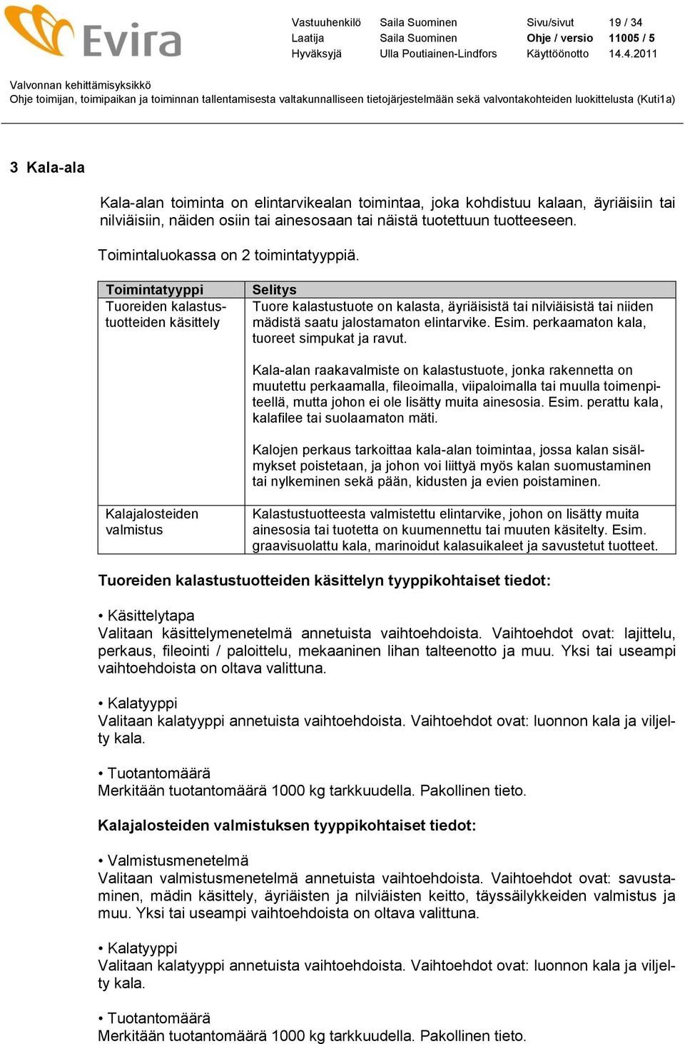 Toimintatyyppi Tuoreiden kalastustuotteiden käsittely Selitys Tuore kalastustuote on kalasta, äyriäisistä tai nilviäisistä tai niiden mädistä saatu jalostamaton elintarvike. Esim.