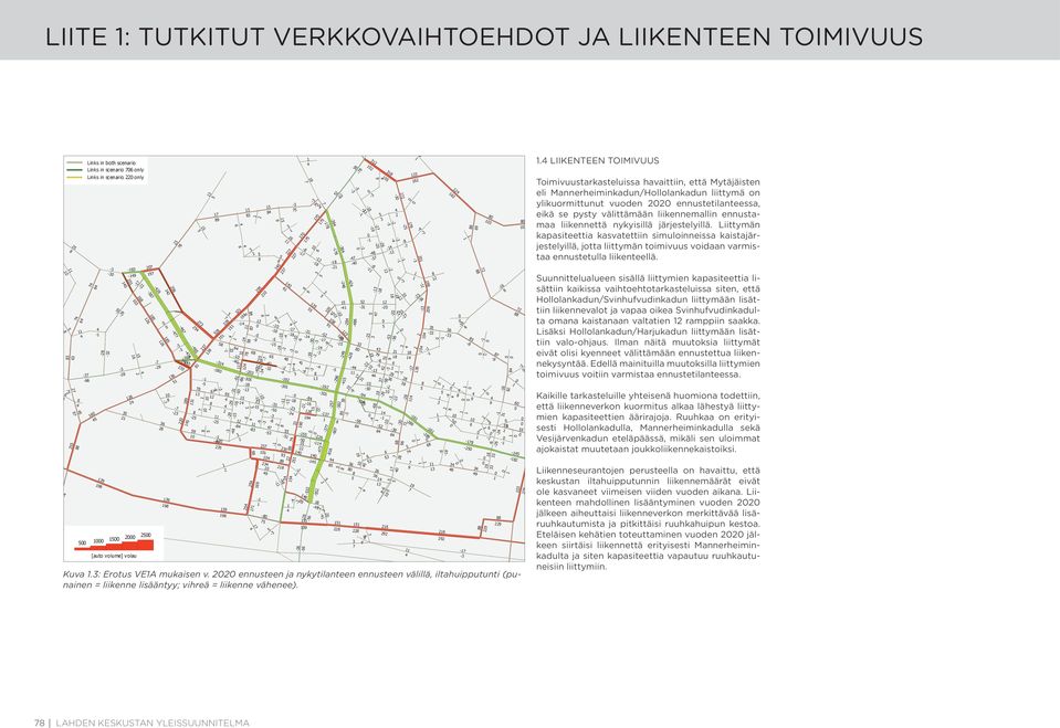 ennusteen ja nykytilanteen ennusteen välillä, iltahuipputunti (punainen = liikenne lisääntyy; vihreä = liikenne vähenee).