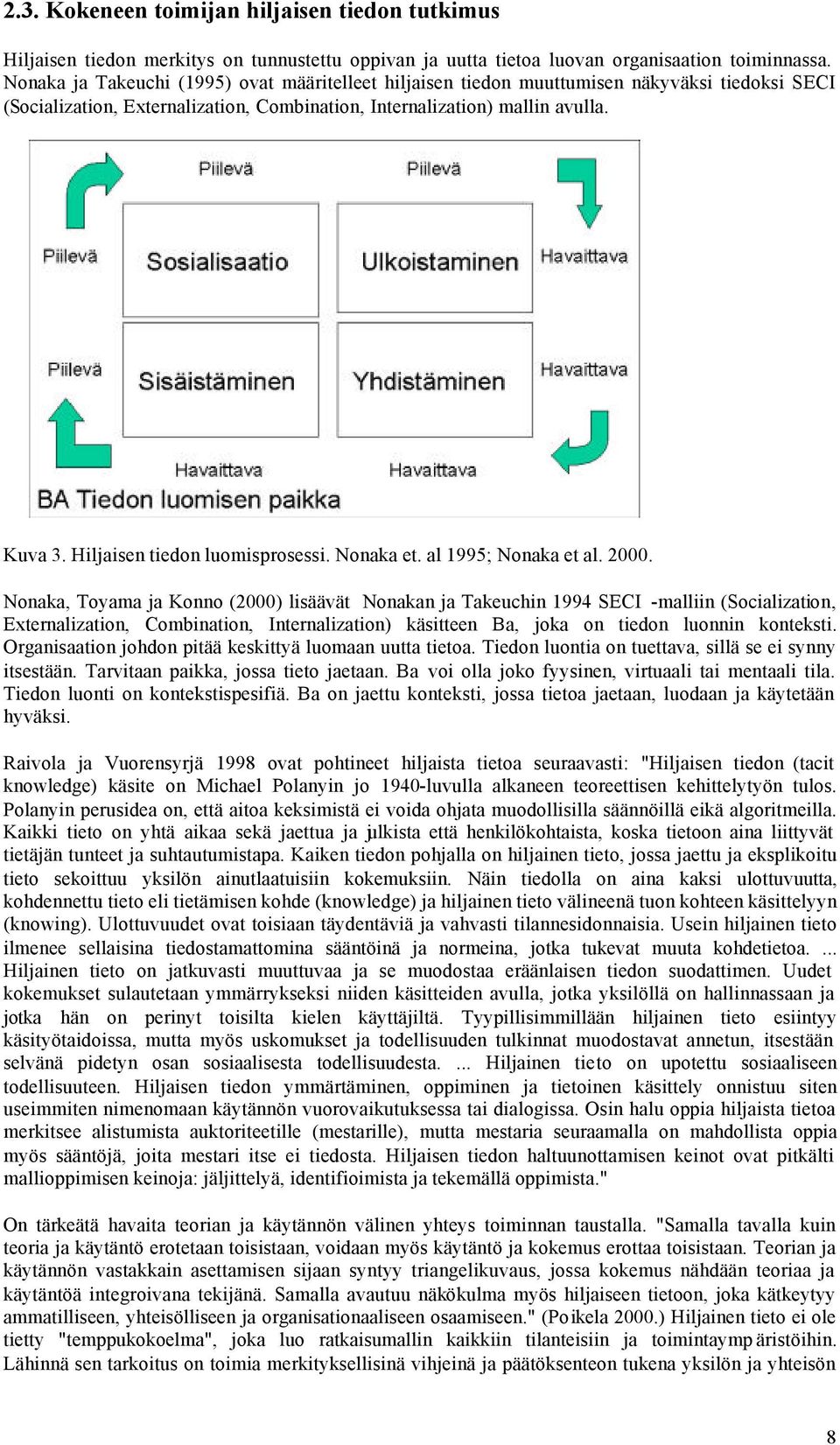 Hiljaisen tiedon luomisprosessi. Nonaka et. al 1995; Nonaka et al. 2000.
