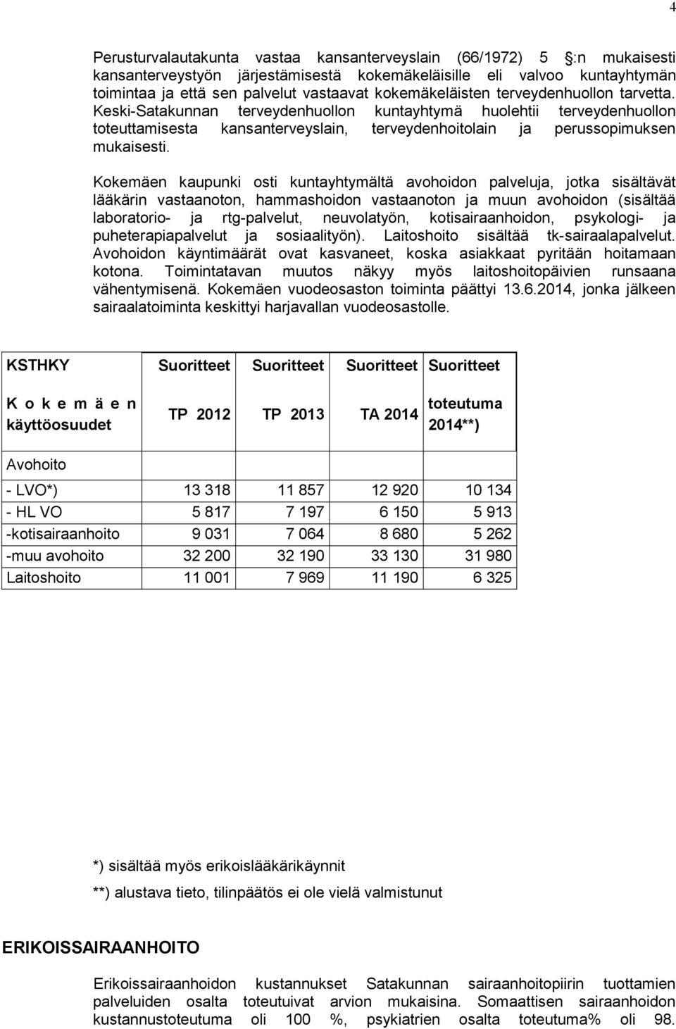 Kokemäen kaupunki osti kuntayhtymältä avohoidon palveluja, jotka sisältävät lääkärin vastaanoton, hammashoidon vastaanoton ja muun avohoidon (sisältää laboratorio- ja rtg-palvelut, neuvolatyön,