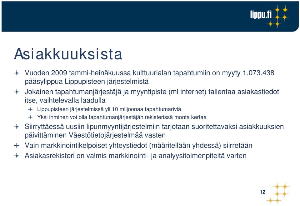 Lippupisteen järjestelmissä yli 10 miljoonaa tapahtumariviä Yksi ihminen voi olla tapahtumanjärjestäjän rekisterissä monta kertaa Siirryttäessä uusiin