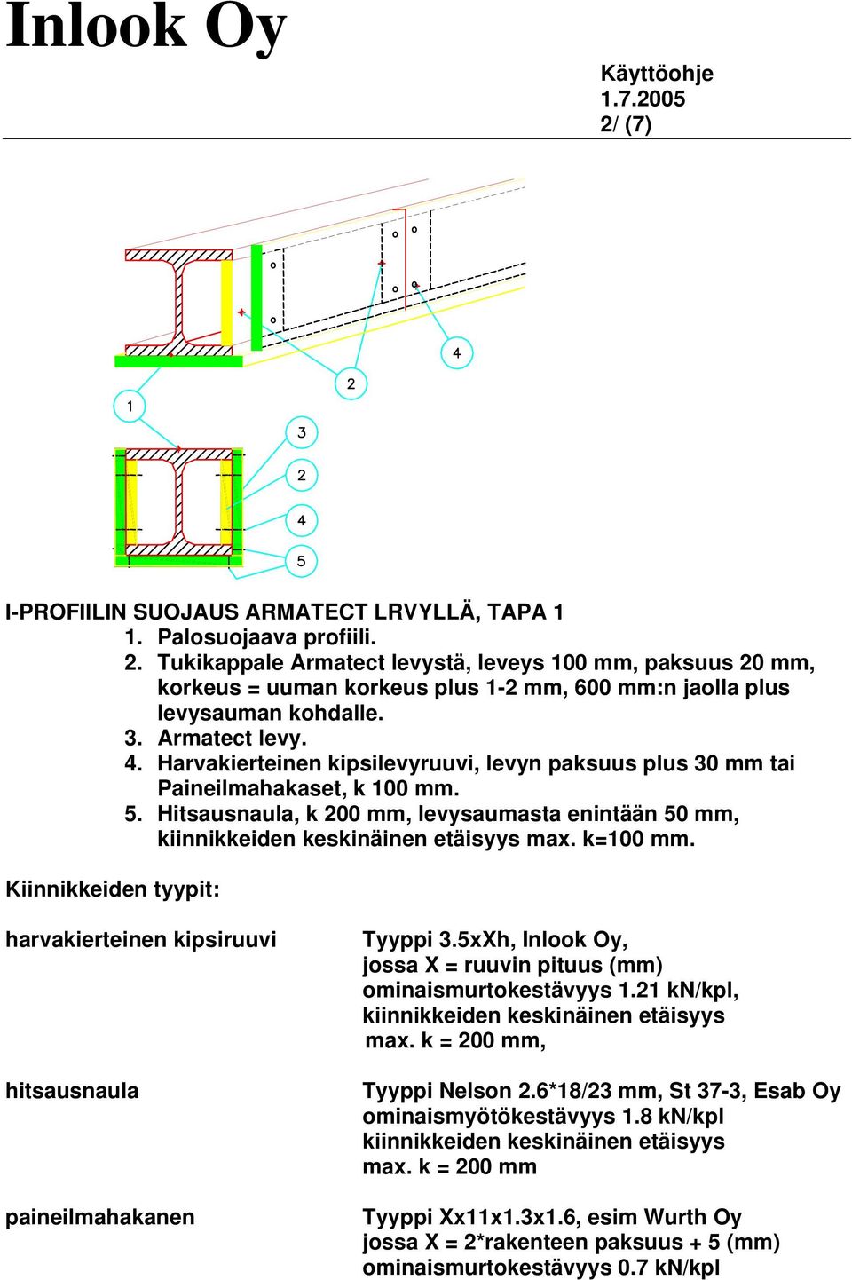 Hitsausnaula, k 200 mm, levysaumasta enintään 50 mm, kiinnikkeiden keskinäinen etäisyys max. k=100 mm. Kiinnikkeiden tyypit: harvakierteinen kipsiruuvi hitsausnaula paineilmahakanen Tyyppi 3.