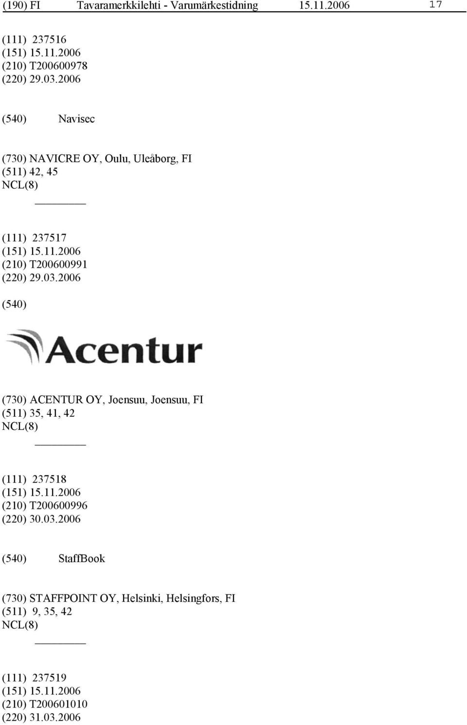 2006 (730) ACENTUR OY, Joensuu, Joensuu, FI (511) 35, 41, 42 (111) 237518 (210) T200600996 (220) 30.03.