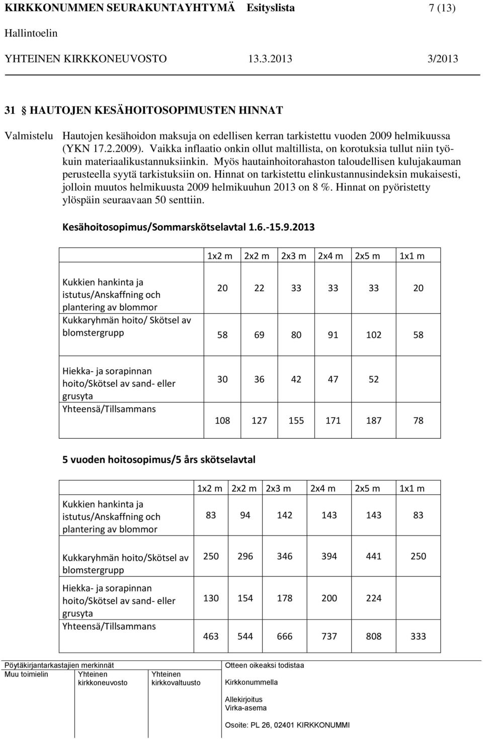 Hinnat on tarkistettu elinkustannusindeksin mukaisesti, jolloin muutos helmikuusta 2009 helmikuuhun 2013 on 8 %. Hinnat on pyöristetty ylöspäin seuraavaan 50 senttiin.