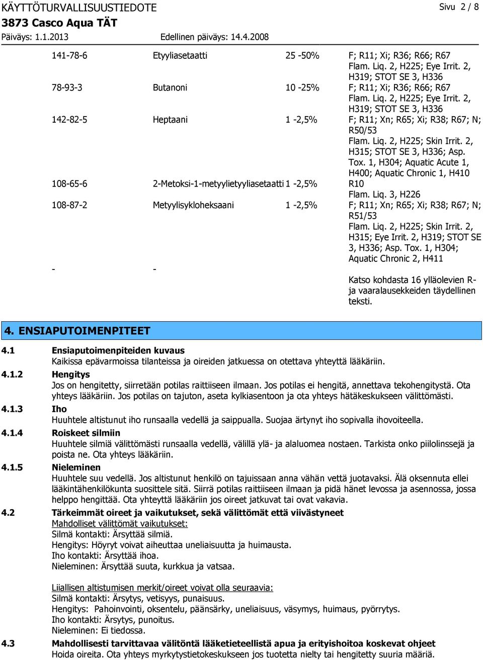 2, H319; STOT SE 3, H336 142-82-5 Heptaani 1-2,5% F; R11; Xn; R65; Xi; R38; R67; N; R50/53 Flam. Liq. 2, H225; Skin Irrit. 2, H315; STOT SE 3, H336; Asp. Tox.