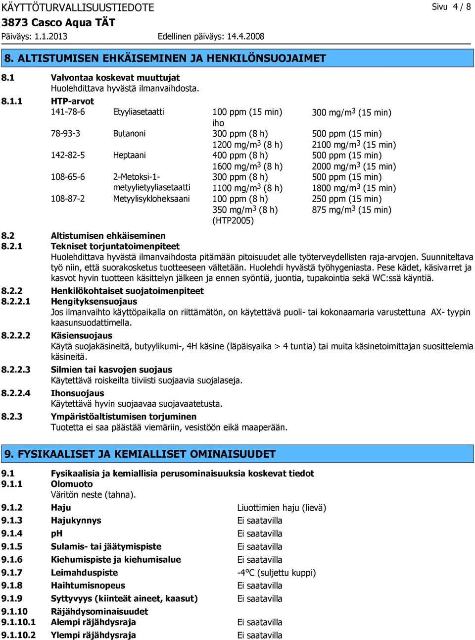 1 HTP-arvot 141-78-6 Etyyliasetaatti 100 ppm (15 min) 300 mg/m 3 (15 min) iho 78-93-3 Butanoni 300 ppm (8 h) 500 ppm (15 min) 1200 mg/m 3 (8 h) 2100 mg/m 3 (15 min) 142-82-5 Heptaani 400 ppm (8 h)