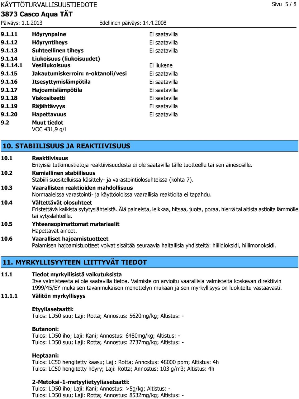 1.20 Hapettavuus Ei saatavilla 9.2 Muut tiedot VOC 431,9 g/l 10. STABIILISUUS JA REAKTIIVISUUS 10.